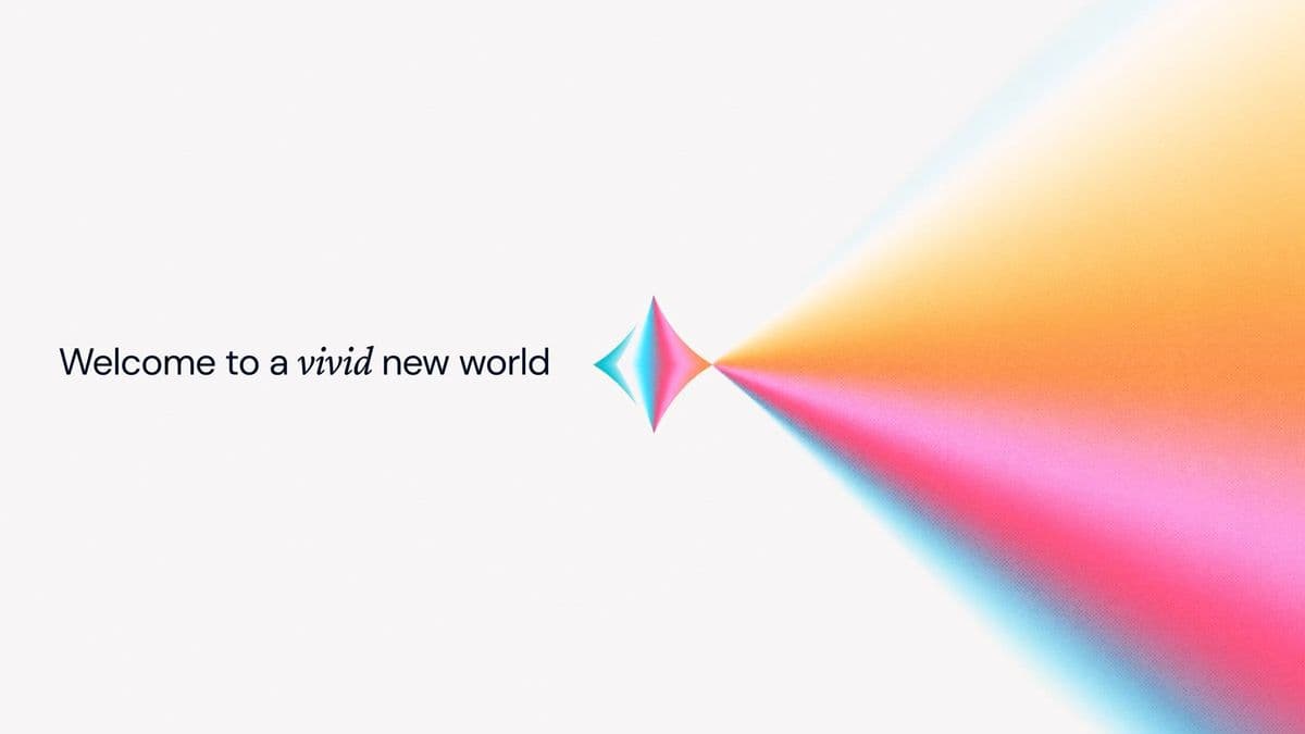 Reference: a diamond-shaped crystal splitting light into rainbow rays, with the phrase 'Welcome to a vivid new world.'
