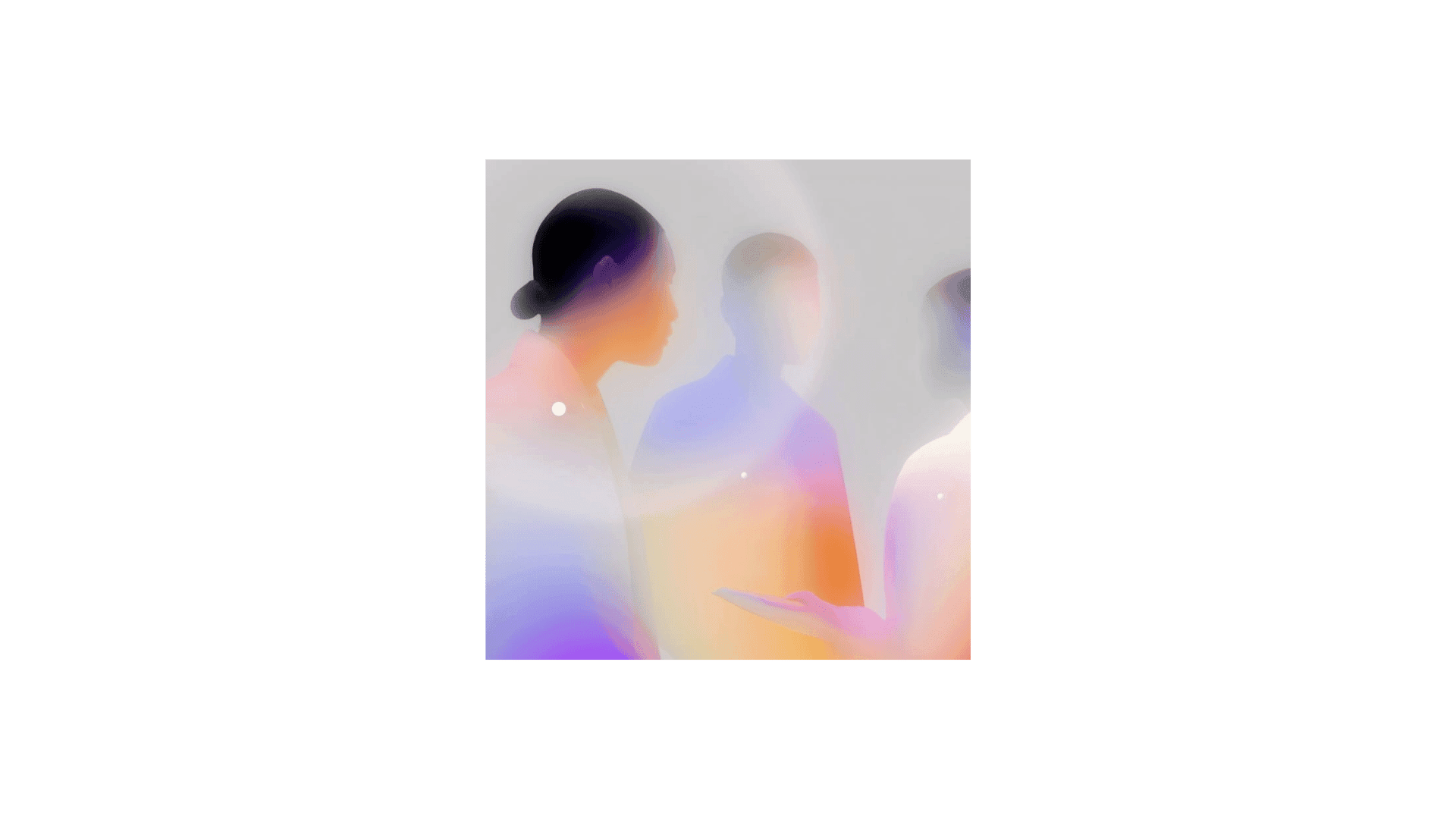 Three women in profile, their silhouettes filled with prismatic gradient — purple, peach, and orange.