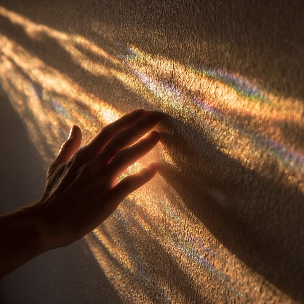 A hand rests on a sunlit wall as rays of prismatic light split across it.